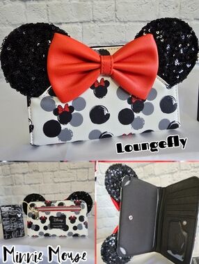 Loungefly Minnie Mouse Sequin Ear Red Dots Bow Disney Wallet Tech Design New